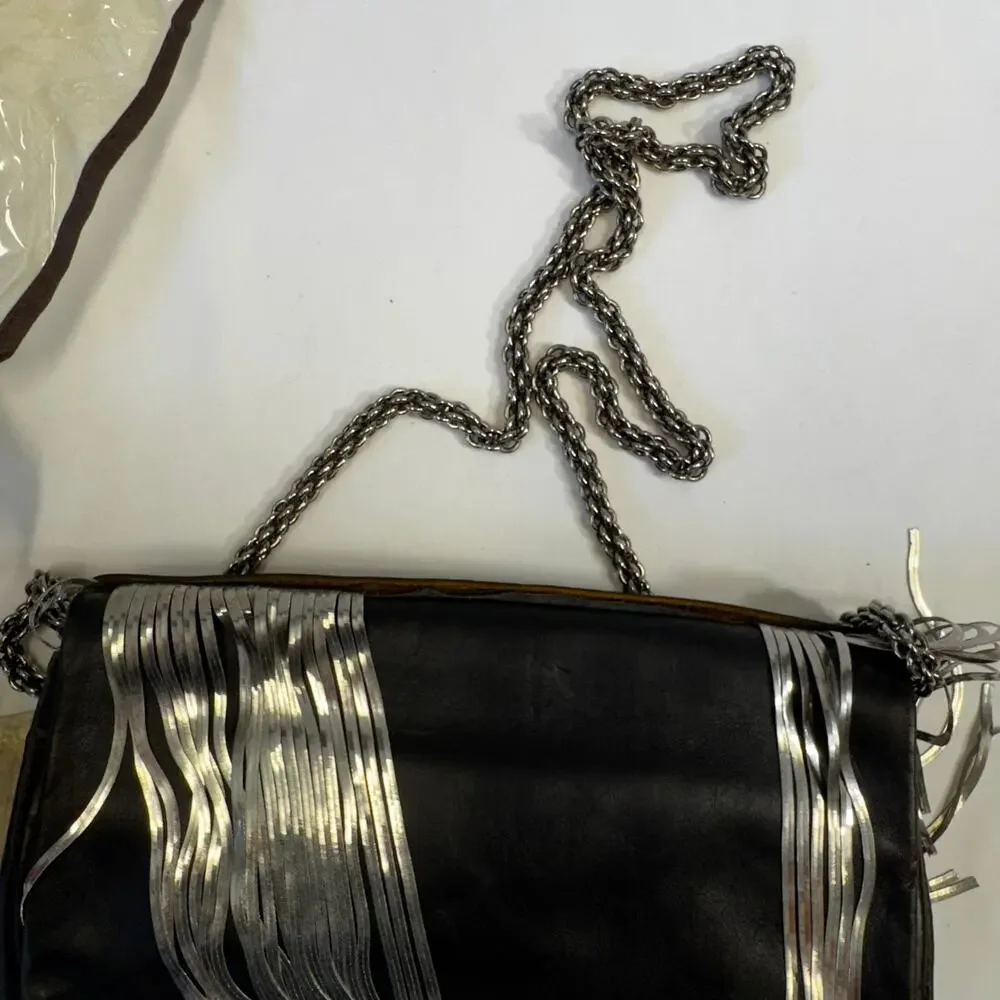 Trussardi Black Leather Fringe Crossbody Shoulder Bag Silver Chain Italy - F606